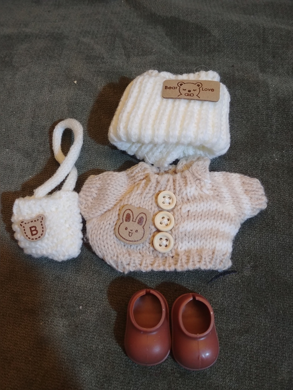Bear Love Knit Doll Outfit Set - Cream & Brown For Labubu
